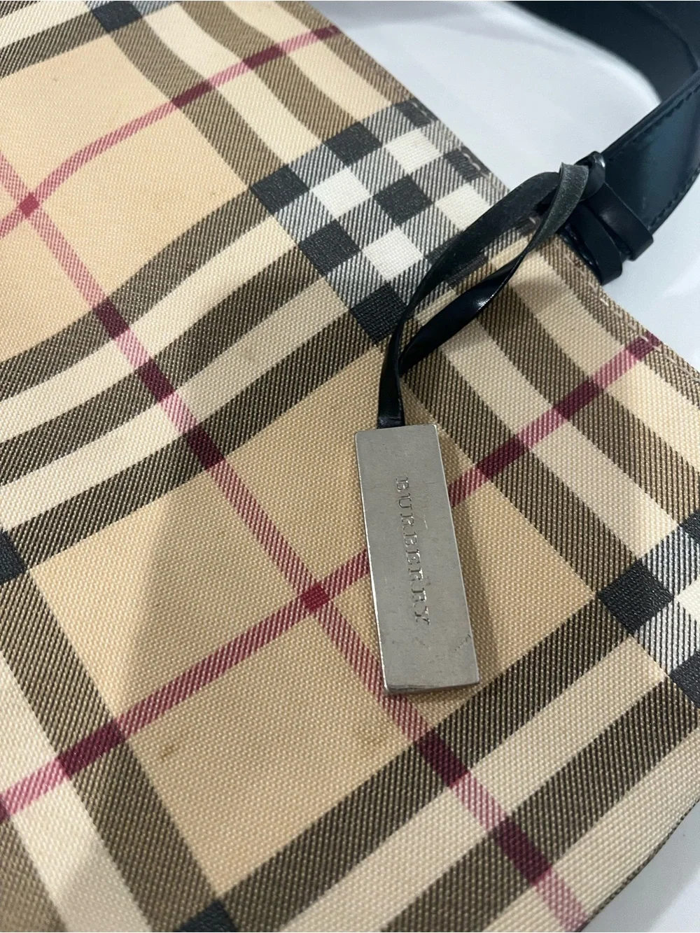 Burberry Beige Check Canvas Tote Bag with Black Handles 10x11.
